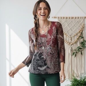 Vintage Y2K Women’s Paisley Mesh Goth‎ Romantic Grunge Rhinestone Sheer Torn Raw